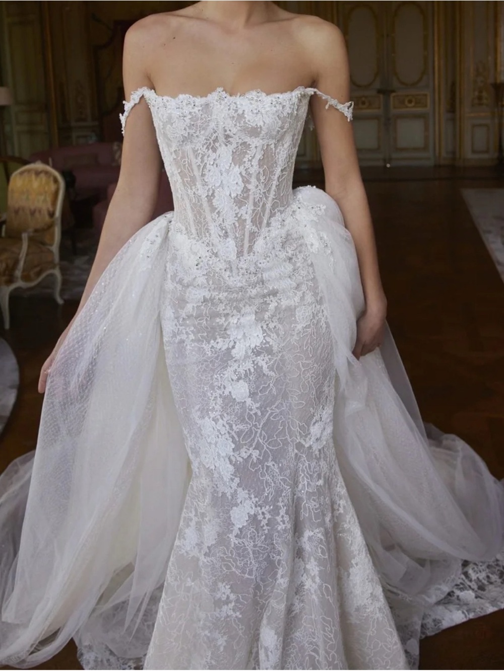 Netta Benshabu Holland Lace Bridal Gown in White with Detachable Tulle Overskirt